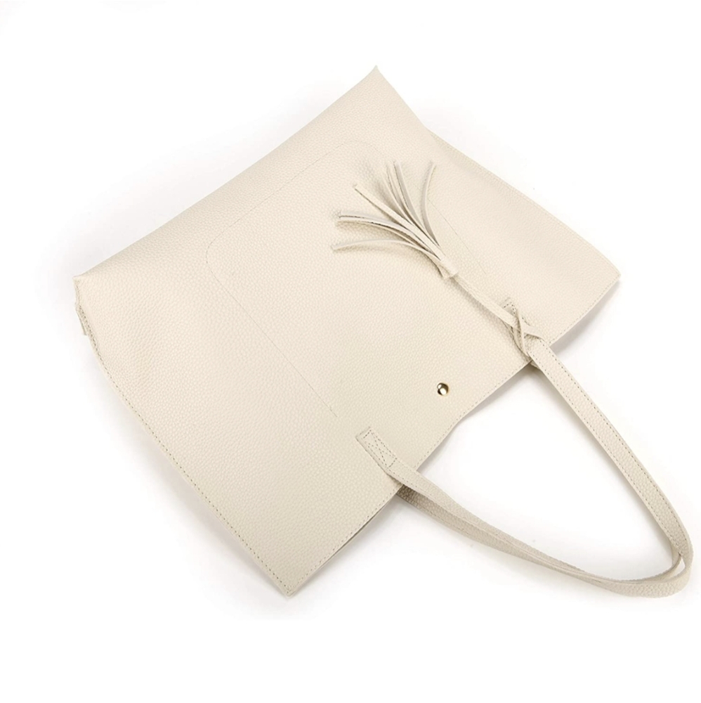 Cream Leather Tote Bag with Tassel Detail